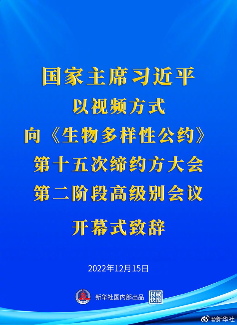 权威快报 习近平向《生物多样性公约》第十五次缔约方大会第二阶段高级别会议开幕式致辞 新华网客户端 3336