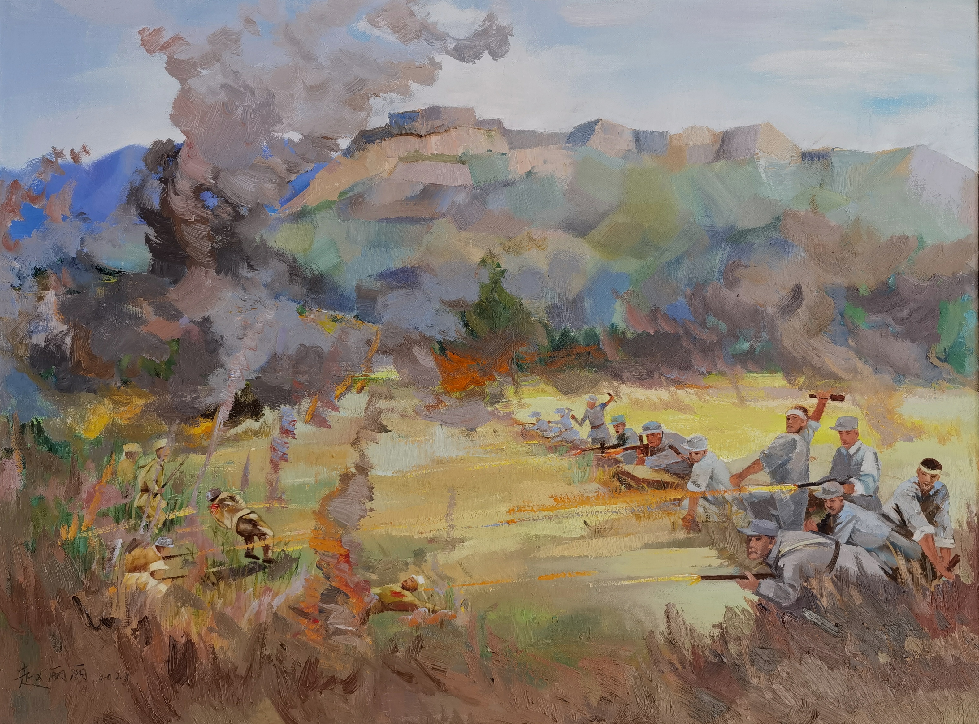 《蜈蚣坝伏击战》 赵丽丽 油画《大青山的战斗岁月》 英杰 丙烯《大